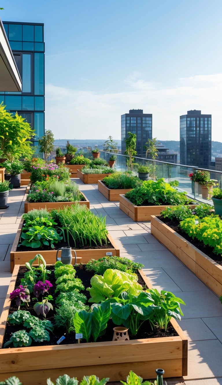 A terrace garden with multiple raised wooden garden beds filled with plants and flowers on a sunny patio.